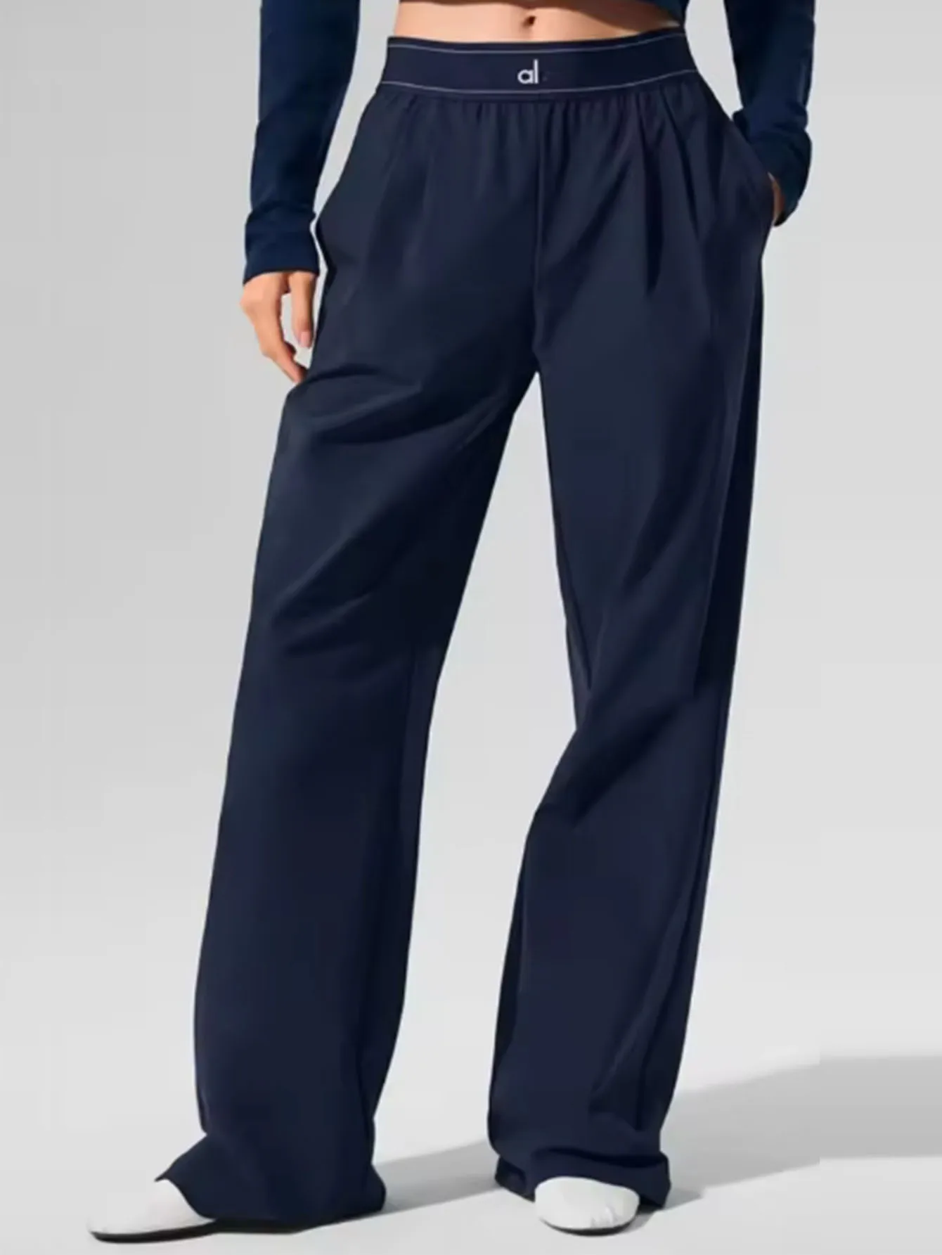 مرونة الخصر الصلبة اللياقة البدنية ركض السراويل النساء اليوغا الرياضة بنطال ذو قصة أرجل واسعة المرأة رقيقة عادية فضفاض الأزرق الداكن فضفاض Sweatpants