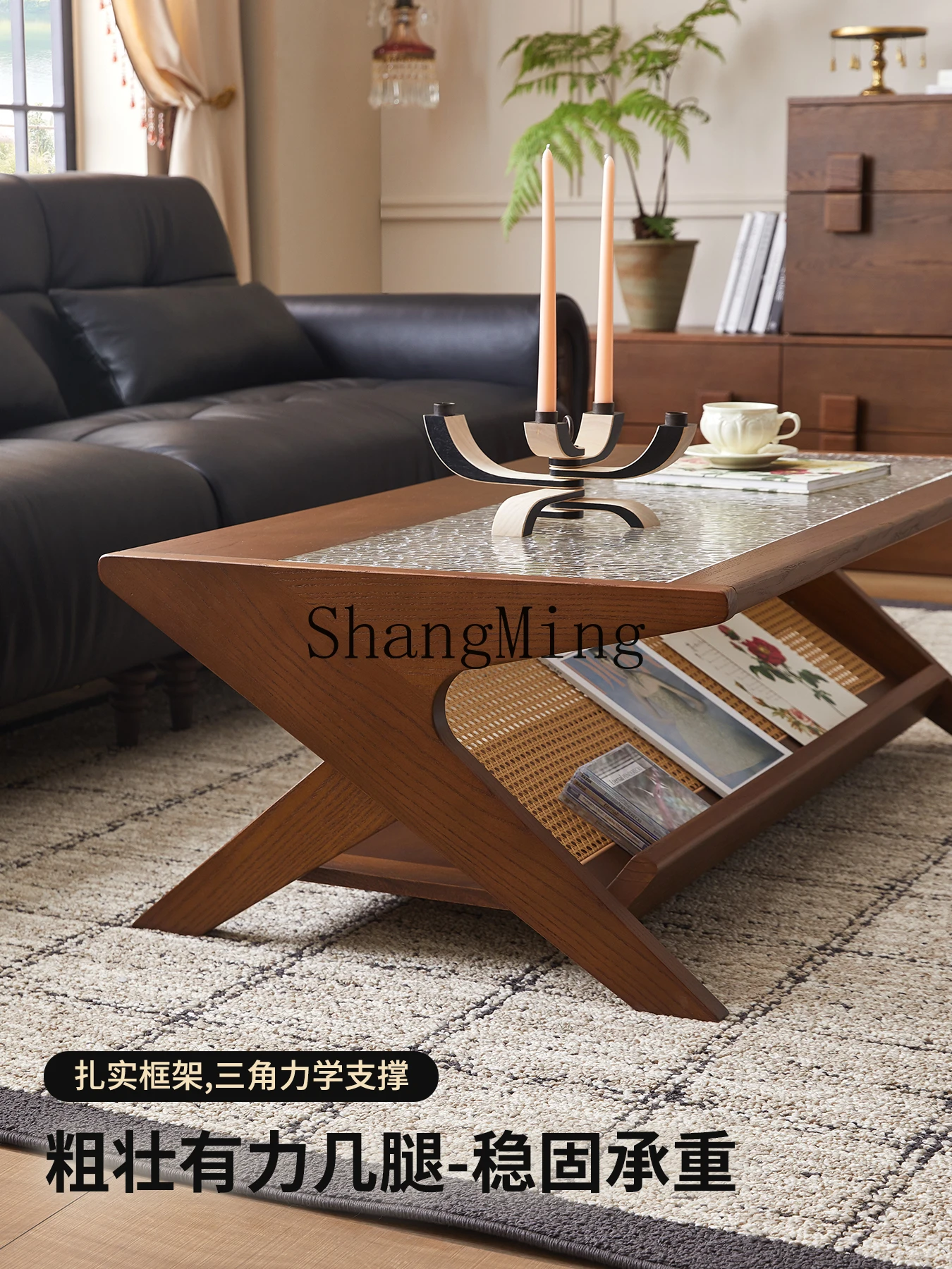 

CL coffee table medieval rattan tea table living room household small apartment balcony retro rectangle