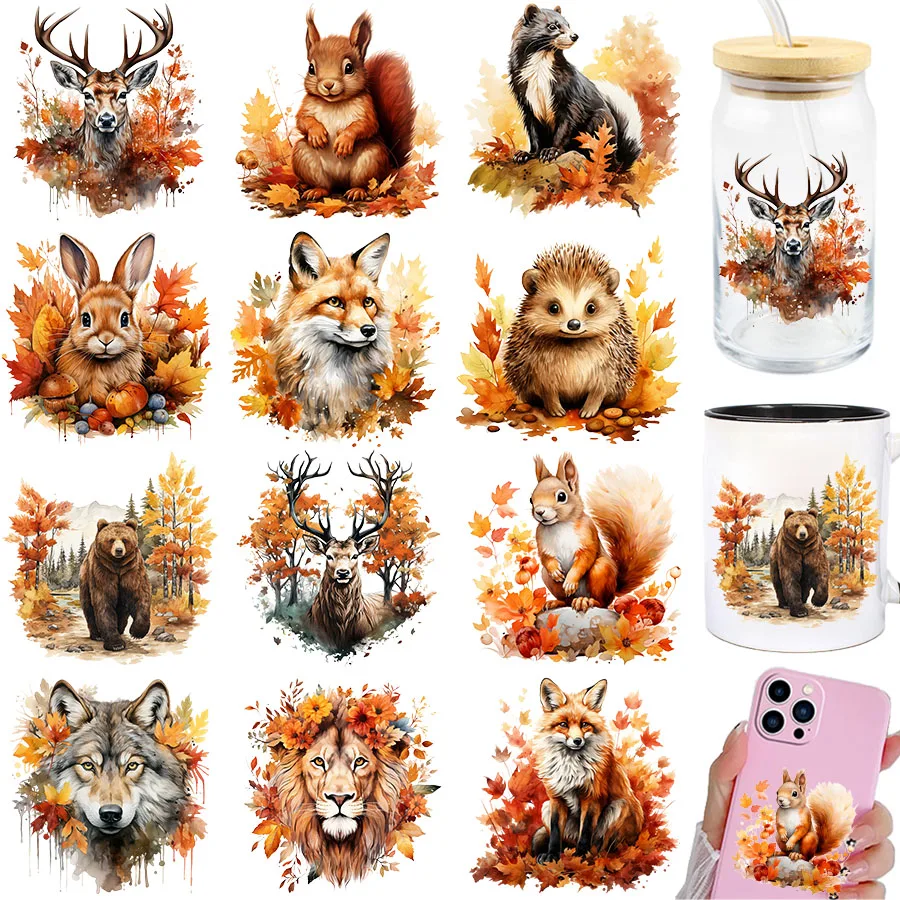 2pcs Fall Woodland Jungle Animal DIY UV DTF Rub On Transfer Stickers Craft Glass Mug Cup Wraps Junk Journal ornaments Home Decor