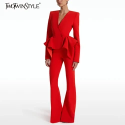 TWOTWINSTYLE Solid Two Piece Sets for Women V Neck Long Sleeves Patchwork Buttons Irregular Coat High Waist Pants Female Clothes