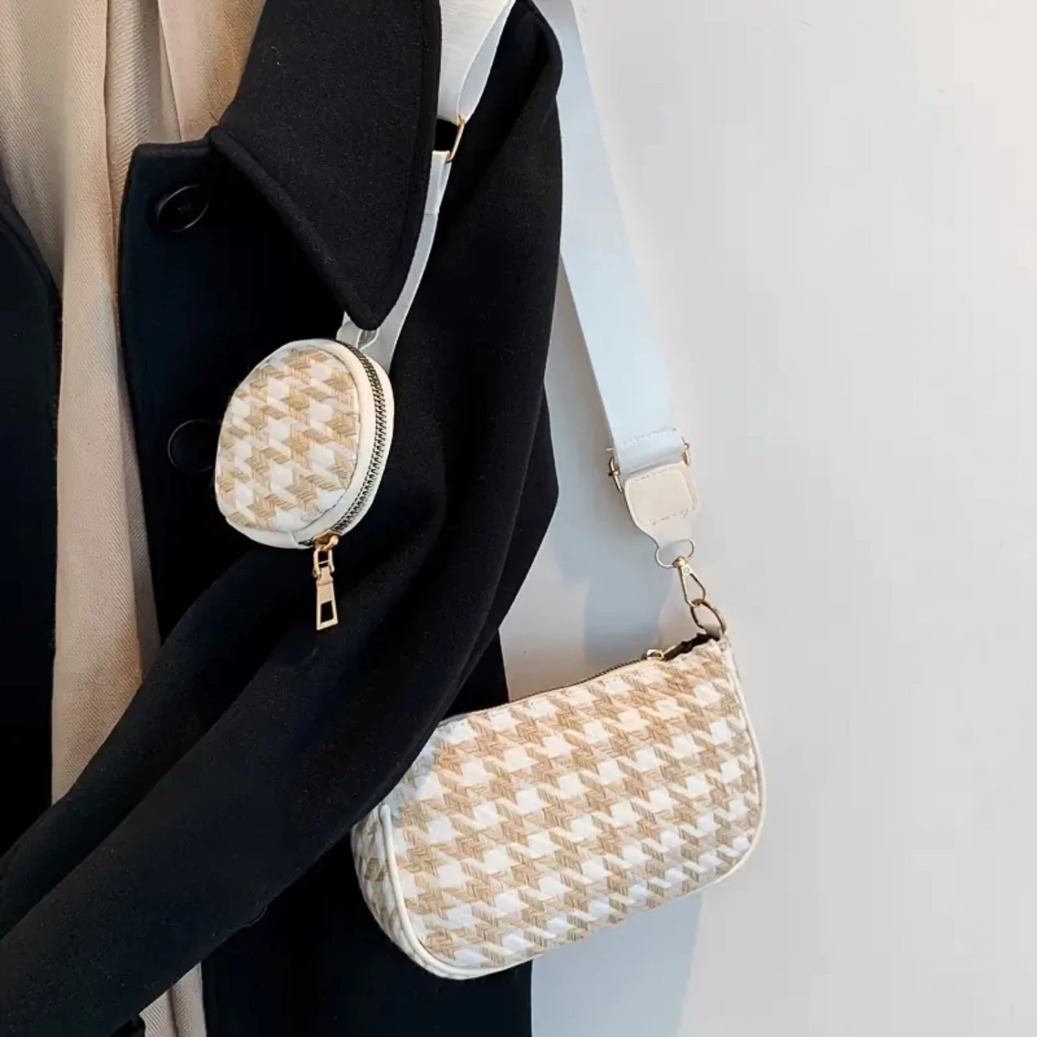 حقيبة كروس كلاسيكية للنساء، حقيبة كتف 2 في 1 مع حزام قابل للتعديل، محفظة دائرية، حقائب نسائية مركبة