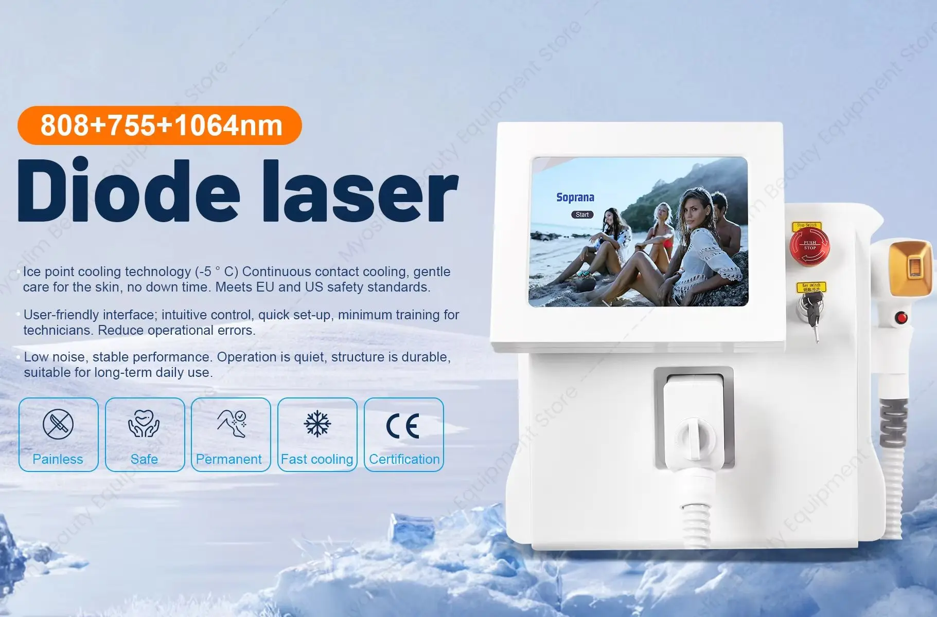 808nm Diode Hair Removal Equipment Permanent Painless Non-invasive Permanent Cooling Head Painless