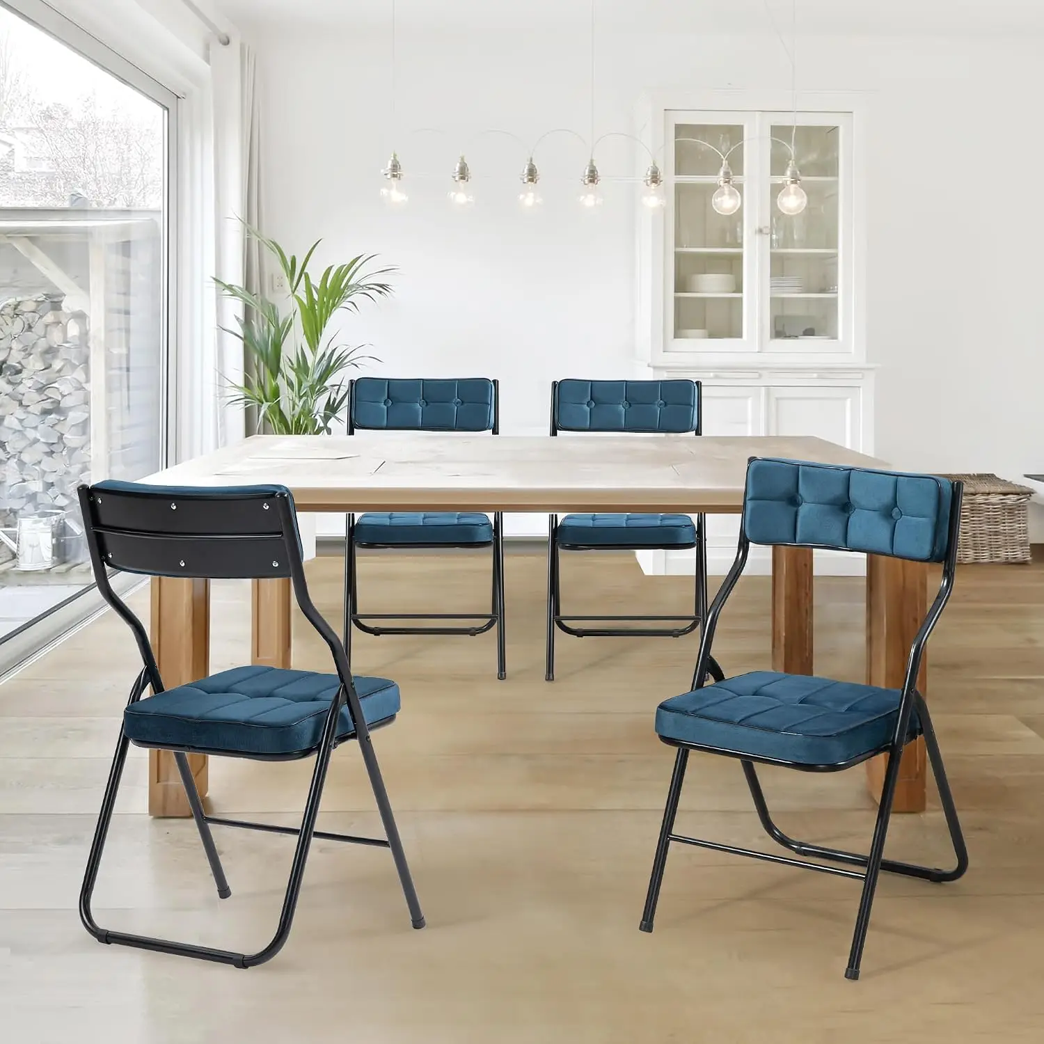 Padded Folding Chairs 4 Pack With Cushioned Velvet Seat Curved Backrest Metal Frame Portable Dining Chair Extra Seating Set For Kitchen Office Wedding Blue image 2