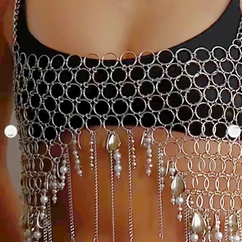 

31BB Body Chain Body Jewelry Tassels Accessory Chest Chain Metal Texture for Women