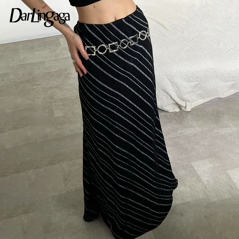 

Darlingaga Fashion Black Stripe Elegant Long Skirt Loose Streetwear Chic Women's Skirts Contrast Color Buttoms Korean Style New