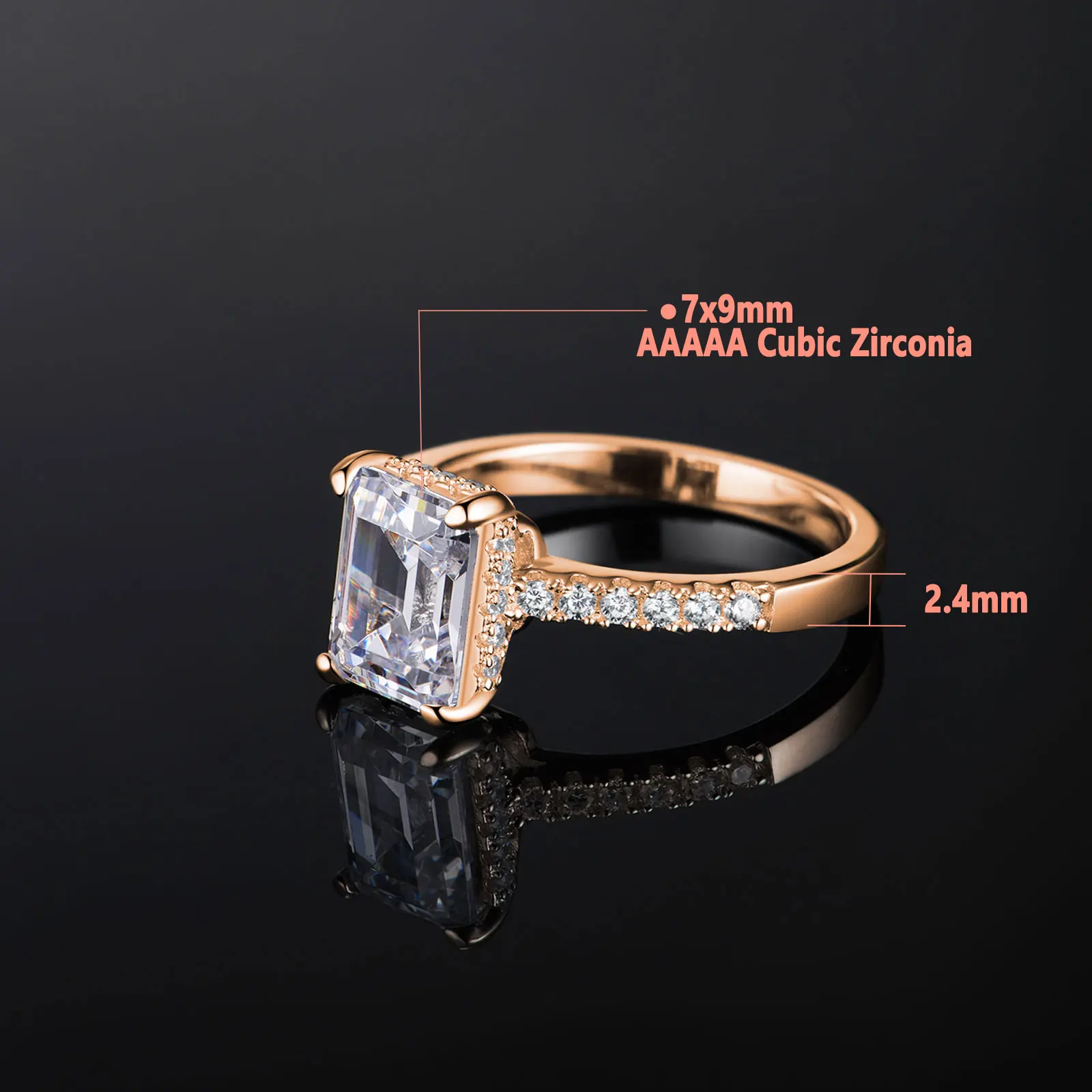 Newshe Yellow Rose Gold Solid 925 Silver 3 Carats Emerald Cut Engagement Rings for Women CZ Simulated Diamond Fine Jewelry