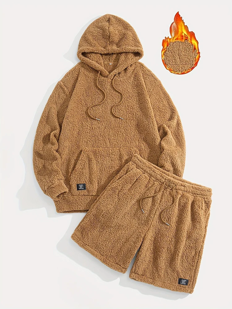 Fashion Solid Color Fleece Outfits Mens Fall Winter Stylish Loose Hoodies And Shorts Two Piece Sets Mens Casual Furry Tracksuits