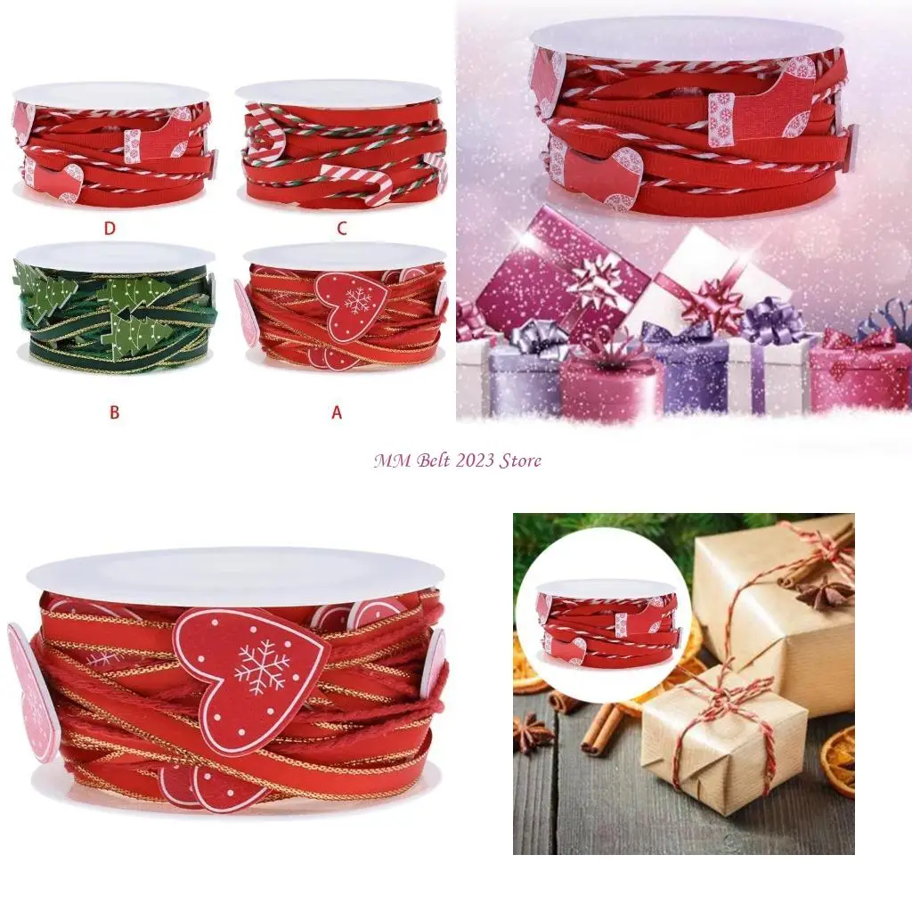

49ME 2 roll/4 roll Christmas Polyester Ribbon Cartoon Heart Xmas Tree Candy Cane Stocking Pattern String for DIY Crafts Gift