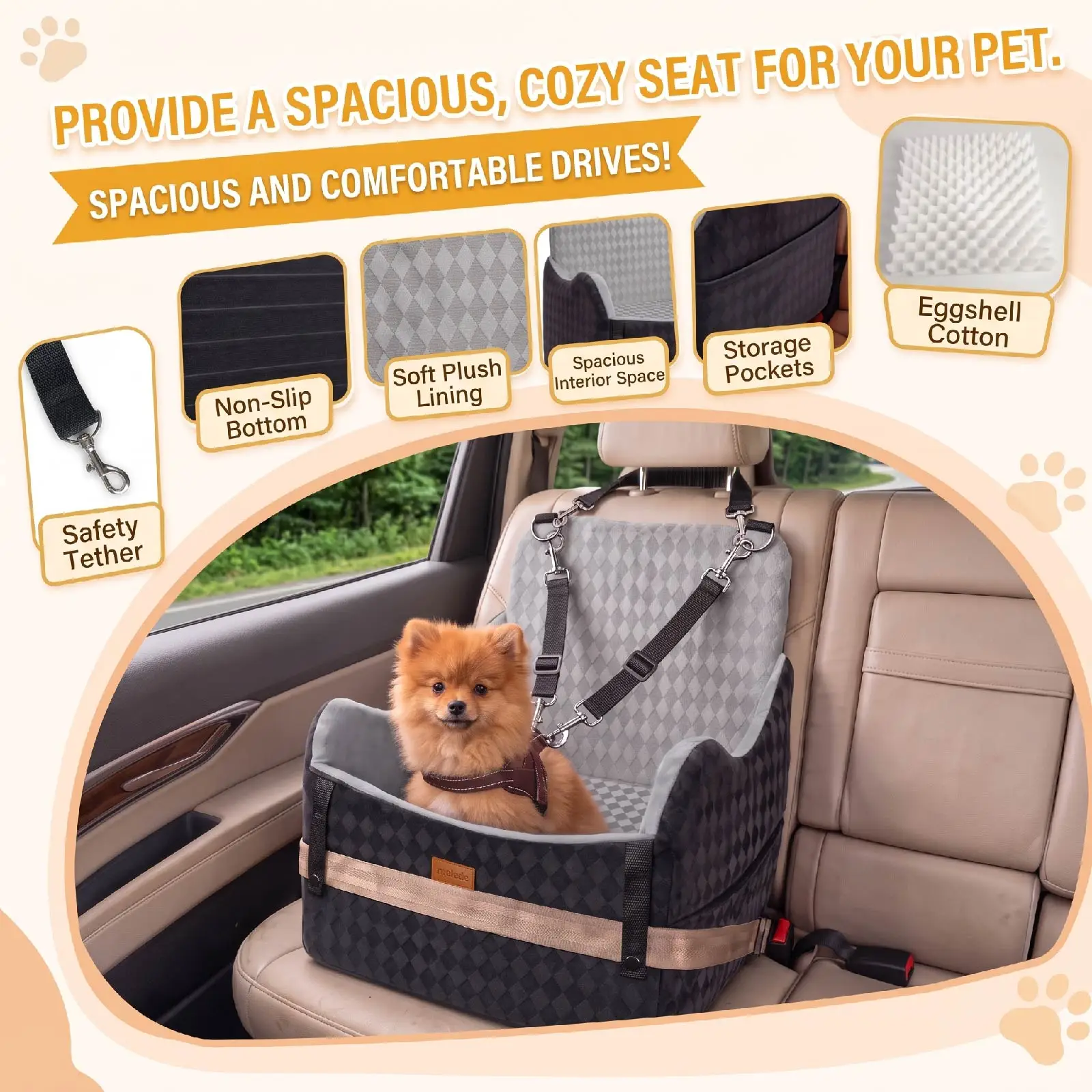 Pet Booster Car Seat for Small Dogs, Secure Dog Travel Seat with Adjustable Safety Tether, 4 Seasons Reversible Cushion, Removable Washable Cover for Car Front & Back Seat