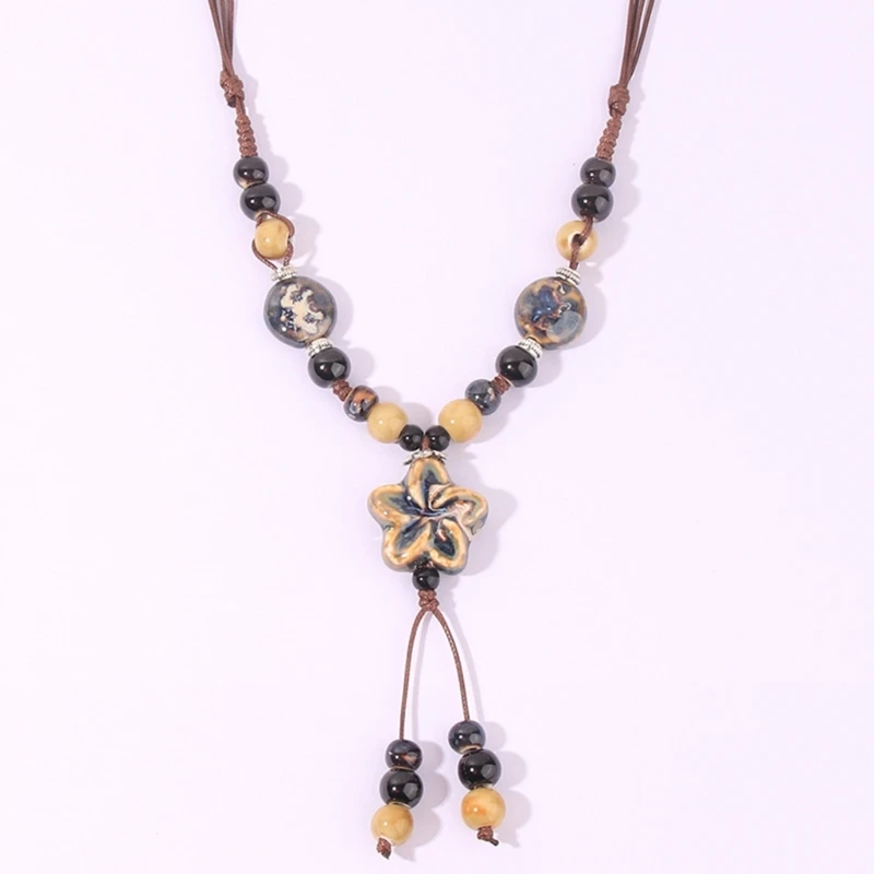 Fashion Ethnic Jewelry Weave Wax Rope Ceramics Necklace Ceramics Beads Pendant Long Necklace Traditional Ornaments