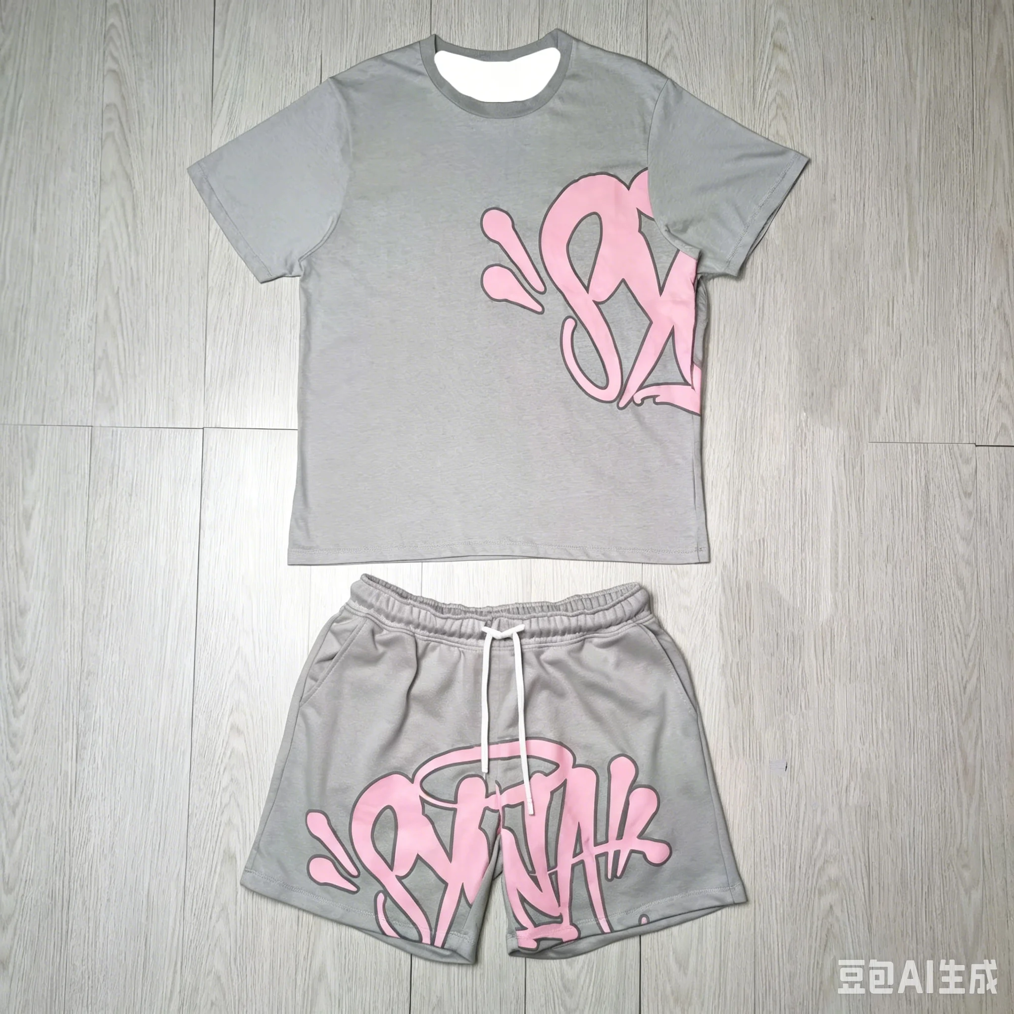 2026 Summer New Style Unisex Abstract Graffiti Graphic 2 Piece Tracksuit Black Tee and Elastic Waist Shorts for Kids Streetwear view 3