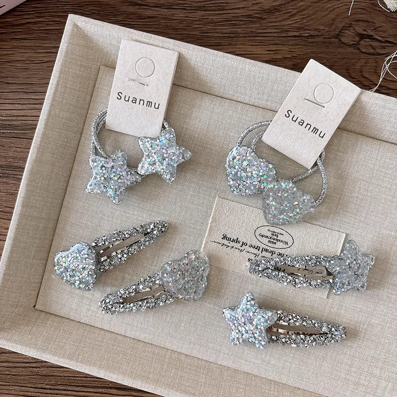 

2pcs/set Sequins Hairpins Shiny Silver Star Love Bangs Side Clip Children's Hair Clips Barrettes Headwear Kids Hair Accessories