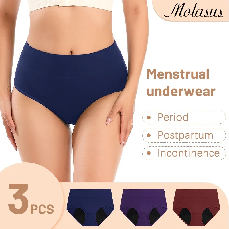 Molasus 3 szt. Damskie majtki na okres menstruacyjny wysoka chłonność szczelna bielizna z wysokim stanem zestaw fig z niskim stanem o dużym