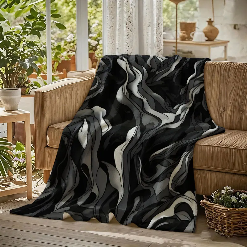 Monochrome Fluid Marble Flannel Blanket Perfect for Sofa Office Bed Travel Sleep Read Relax Camping Four Season Use