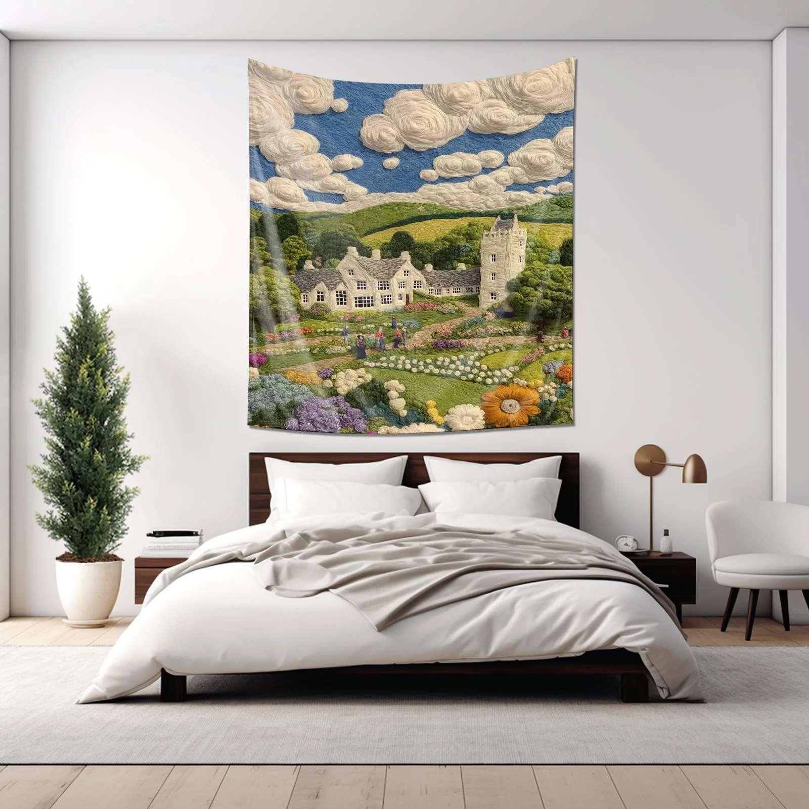 "Pastoral Landscape Embroidery Tapestry - Idyllic Countryside Scene Wall Decoration Hanging Fabric"