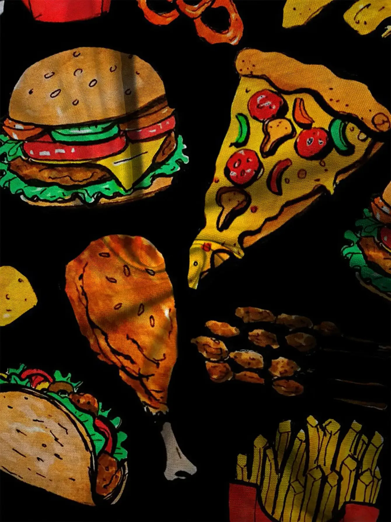 Unisex Fast-Food-Hoodie mit Burger-, Pizza-, Pommes- und Hähnchen-Print, schwarze Basis, langärmelig, lässiger Streetwear-Pullover – Detail 4