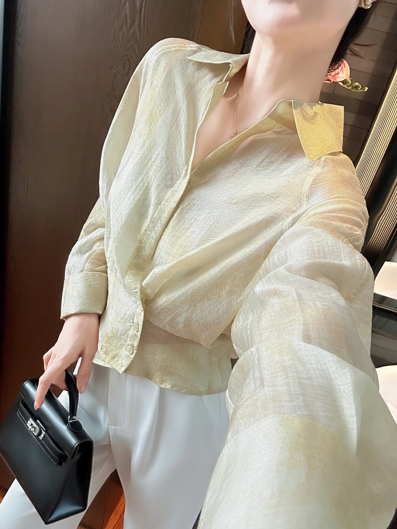 

You See Summer Commute Air Only Shirt Yellow Green Collar Waist Inward Long Sleeve Business Casual Women's Shirt