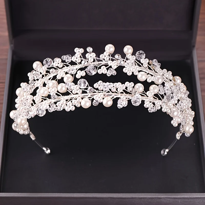 Rhinestones Pearl Tiaras Crowns Hair Jewelry Wedding Bride Headpiece Accessories Handmade Women Crystal Hairbands FD489