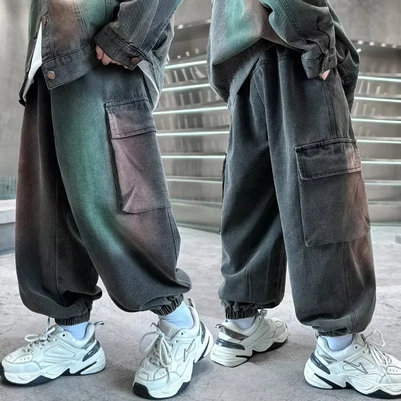 Unique Designer Kids Boy Oil Painted Jeans Fashion School Boy Jeans Spring Fall Casual Elastic Waist Trousers High Street Pants