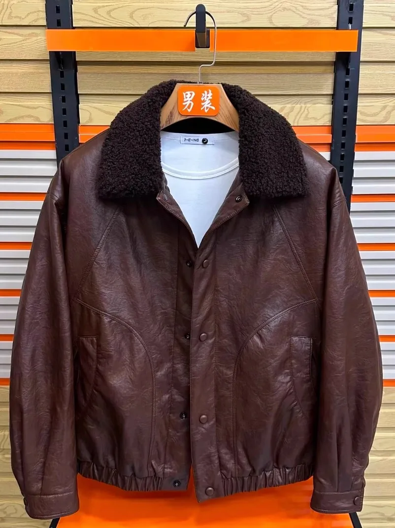

Мужская зимняя куртка из искусственной кожи с воротником из искусственного меха, новинка, теплая, модная, деловая, премиум-класса, приталенного кроя, с длинными рукавами