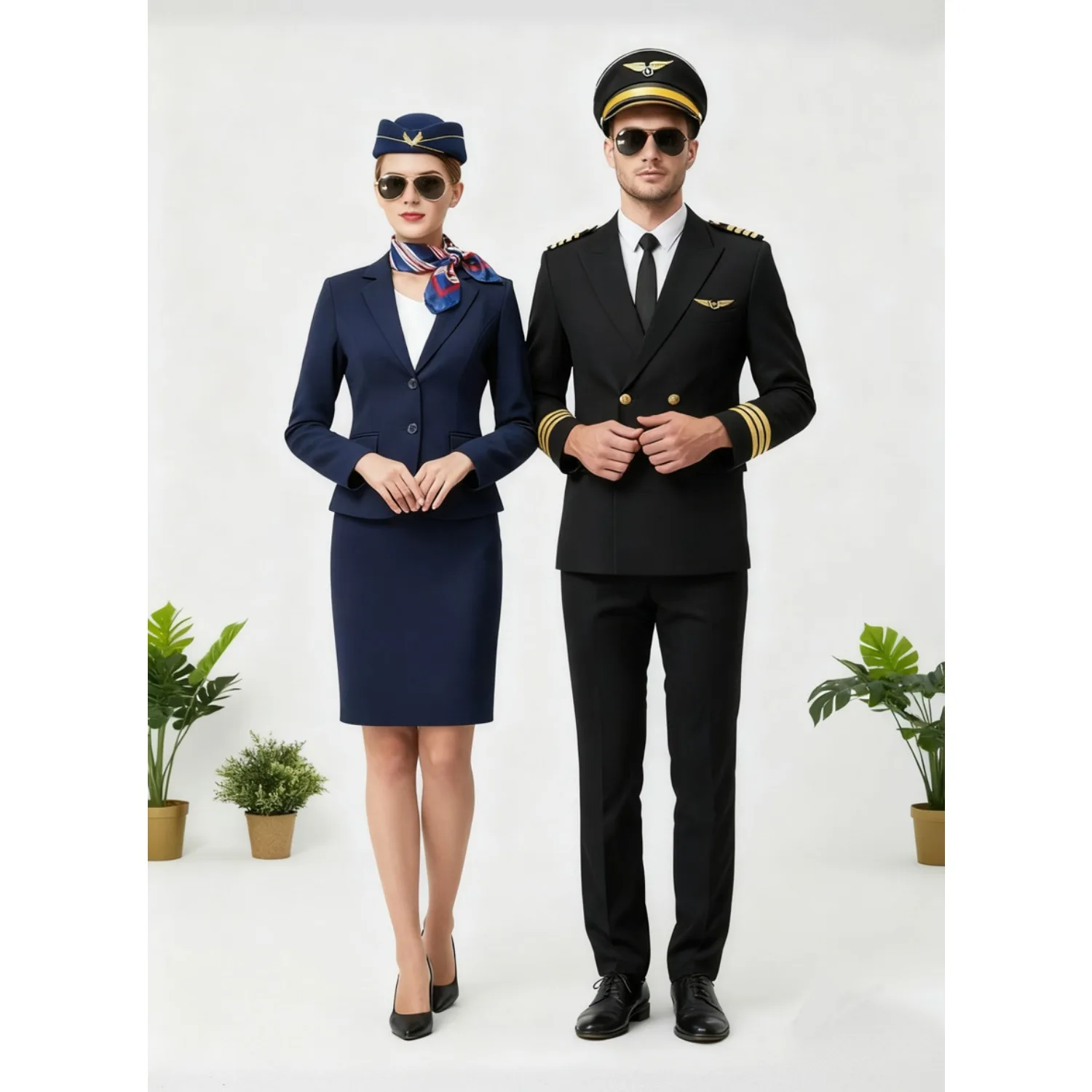 PESENAR Women's outfit Accessories: Flight Attendant and Captain theme hat, Silk scarf, emblem and glasses 5-piece set