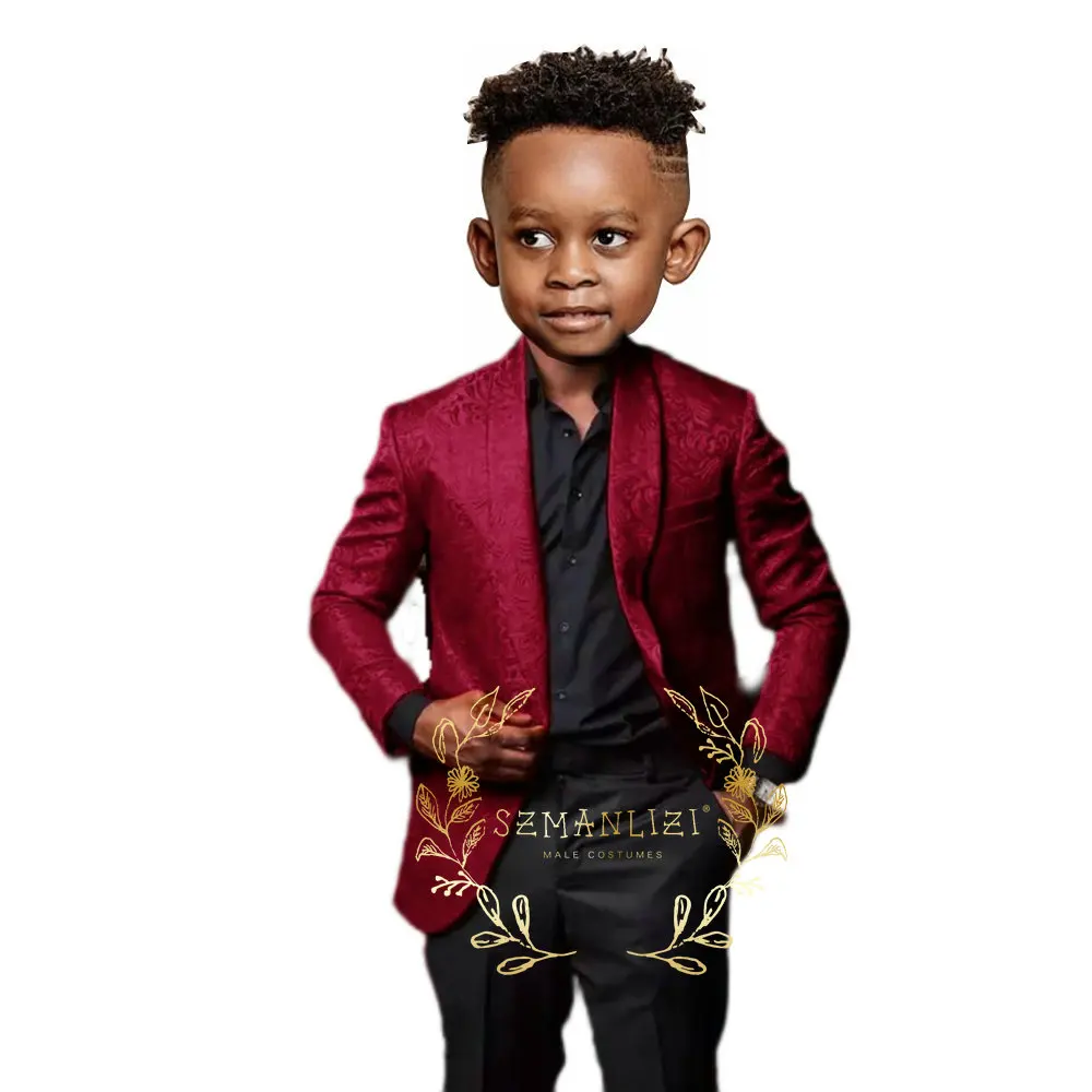 Burgundy Floral Boys Suits 2 Pieces Jacket Pant Set Formal Groom Wedding Suits For Children Kids Dinner Party Tuxedo