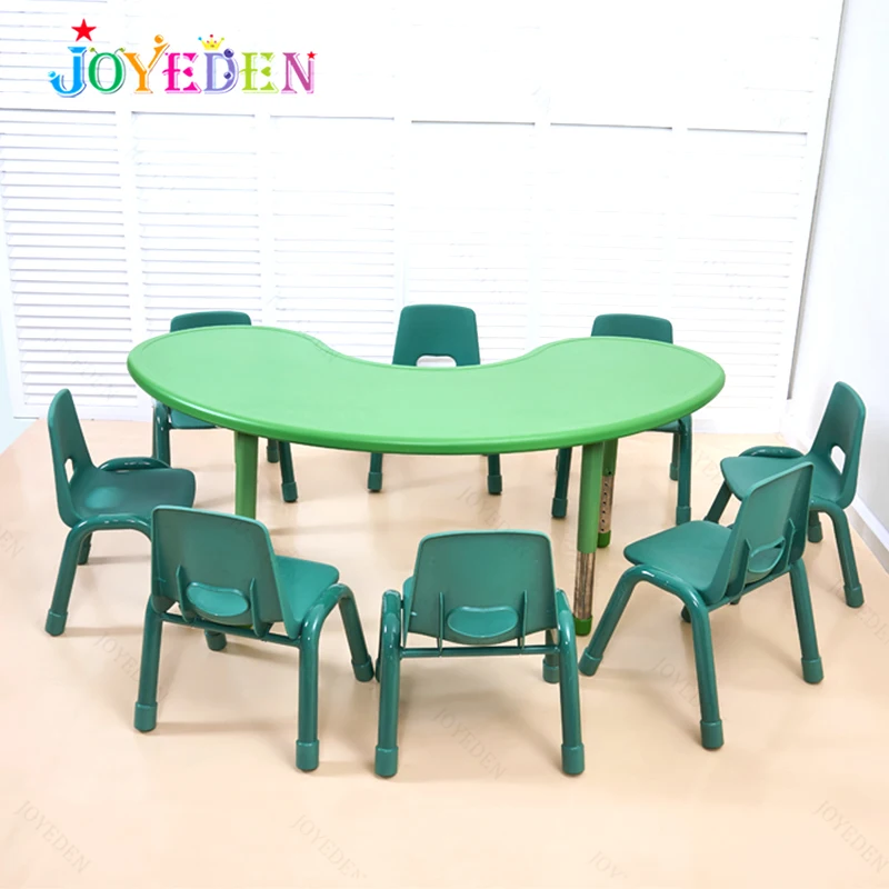 Colorful Indoor Plastic Adjustable Height Moon Shape Kids Party Table And Chair Set Kindergarten Furniture