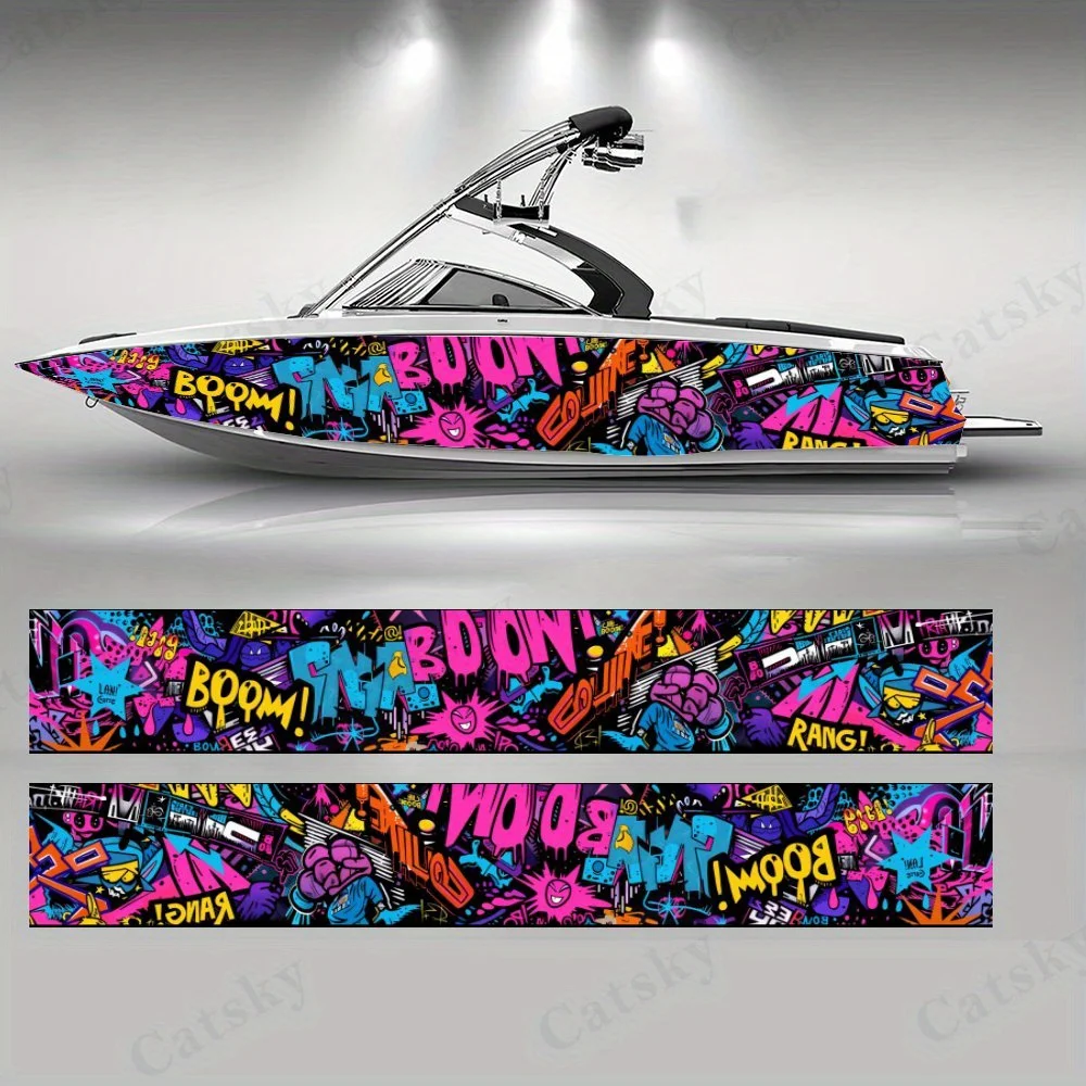 Trendy Graffiti Style Boat Stickers, PVC Waterproof Durable Vinyl Wrap Decals for Fishing Boats, Durable and Stylish Graphic Des