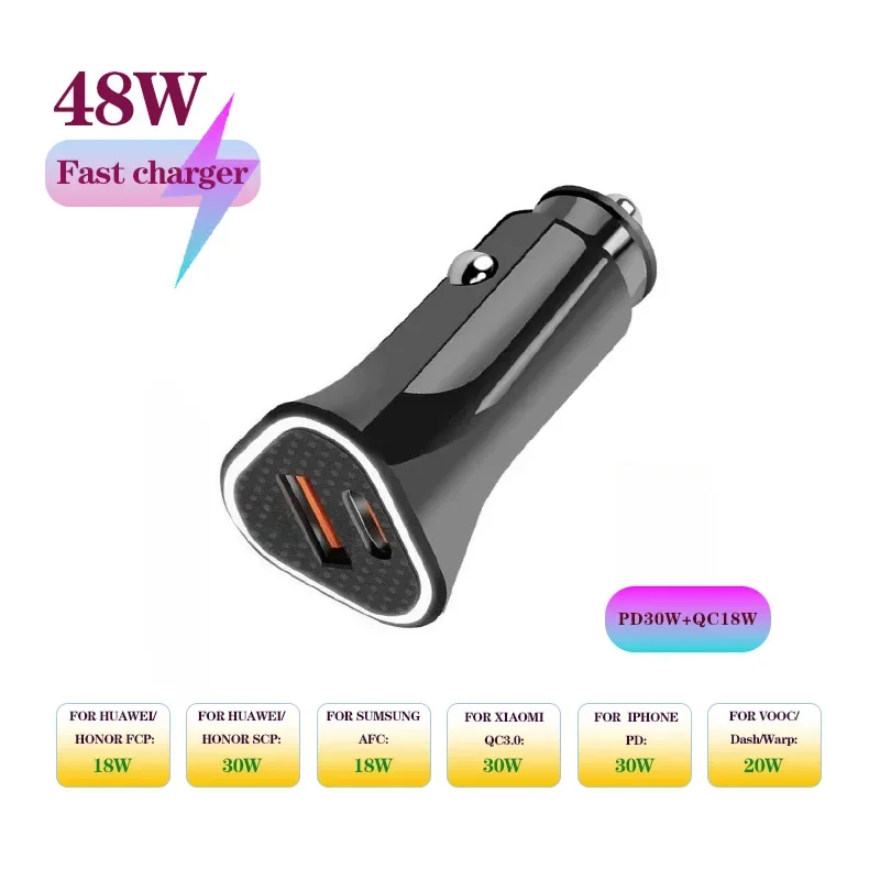Triangular Design 48W 1/2 Port Car Charger with PD30W QC3.0 Super Fast Charging USB car Cigarette Lighter Adapter for phones