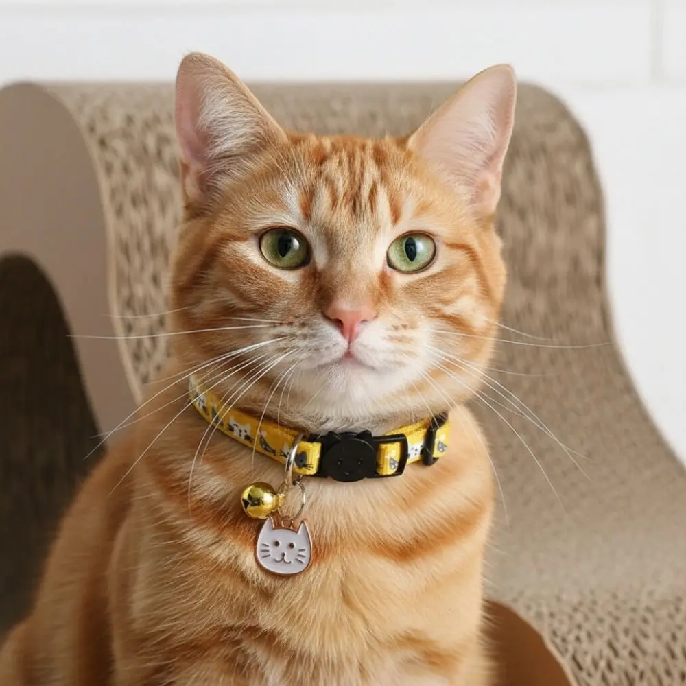 Adjustable Pet Cat Collar Safety Buckle with Cat Face Pendant Bell Anti-choking Puppy Collar Quick Release Cat Pattern