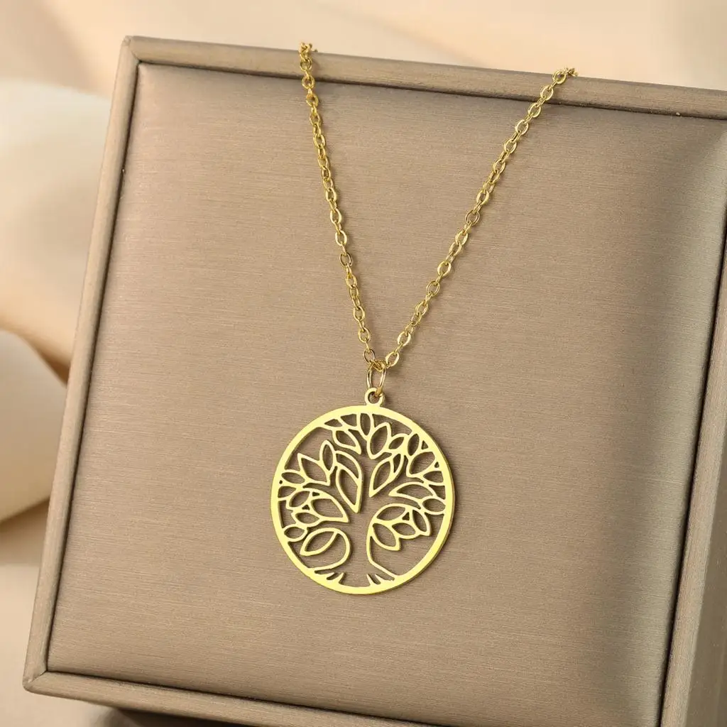 Laser carved exquisite and fashionable necklace Minimalist Jewelry Round Pendant Necklace tree of life birthday gift