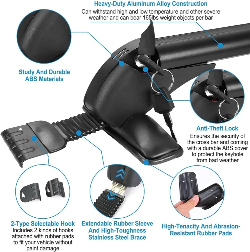 رف سقف السيارة العالمي مع قفل مضاد للسرقة، قضبان متقاطعة من الألومنيوم لدراجة كاياك، قابل للتعديل 42.91-44.88 بوصة، تحميل 165 رطل
