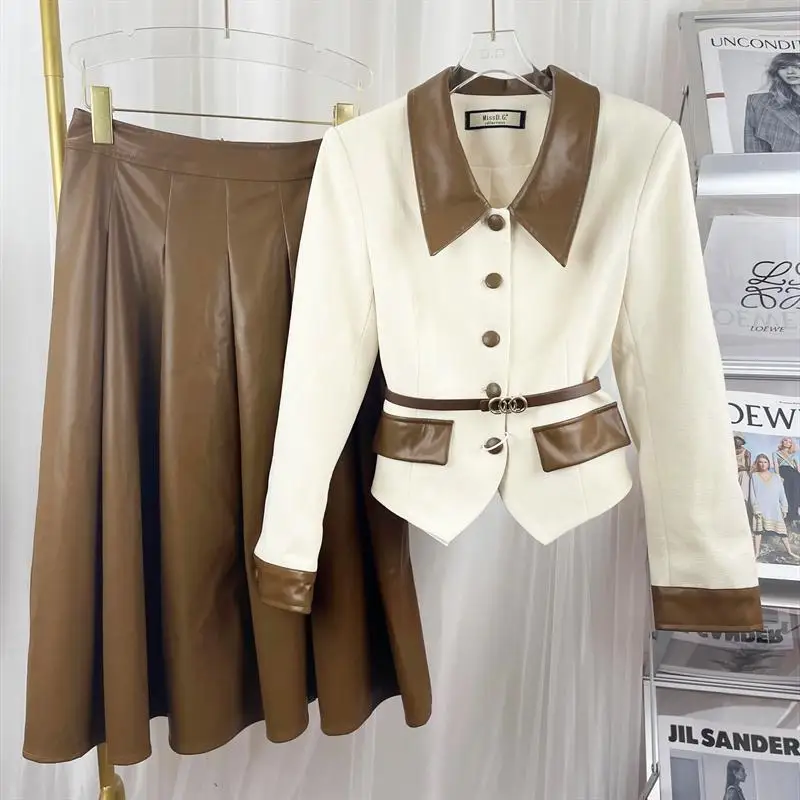 Women Vintage Leather Suit Jacket Coat Top PU Pleated Skirt Elegant Two Piece Set Outfit Winter Autunm Color Patchwork Cloth2022