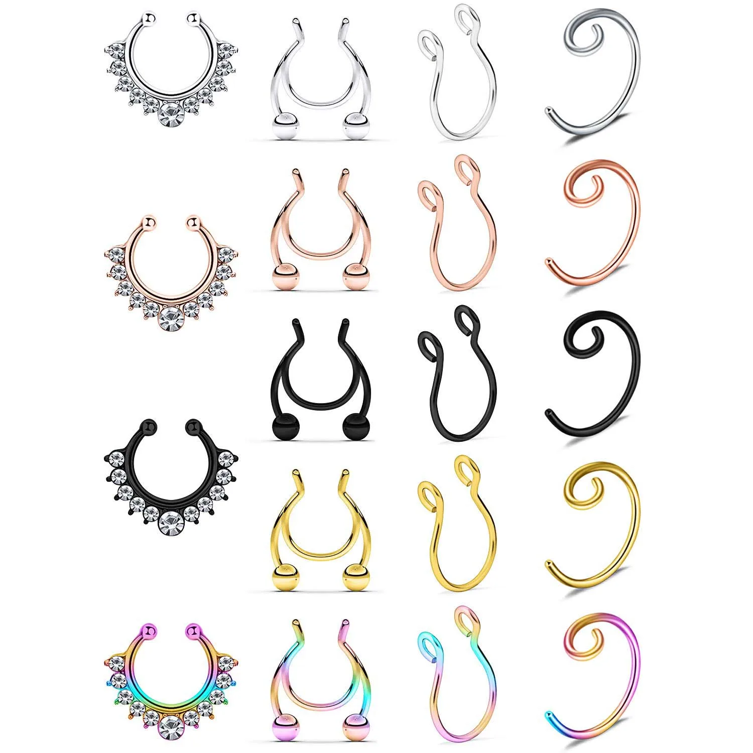 Fake Septum Nose Hoop Rings Clear CZ Faux Non Pierced Hanger Nose Septum Ring Clip On Body Piercing Jewelry 1PCS/19PCS