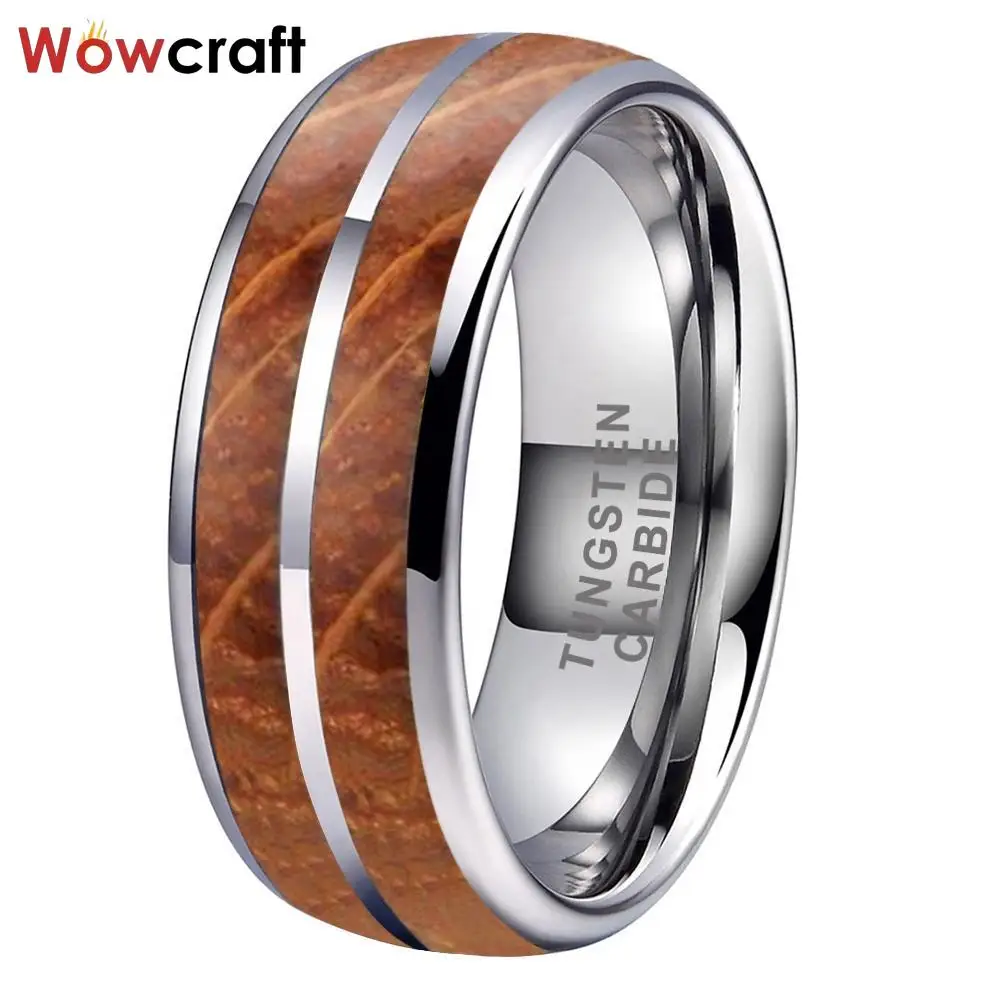 Whisky Barrel Wood Inlay Gold Plated Tungsten Ring for Men Women Fashion Engagement Wedding Band