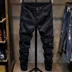 Jean déchiré au genou pour hommes, pantalon skinny zones me, bord brut, mode coréenne, rue haute, noir