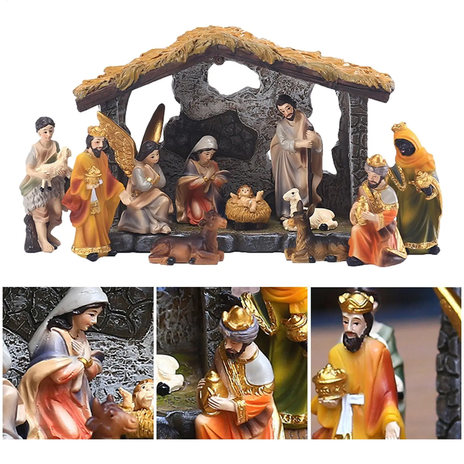 1 Set Christmas Nativity Figurines with Light Religious Resin Nativity Scene Manger Figurine Tabletop Sculpture Ornament