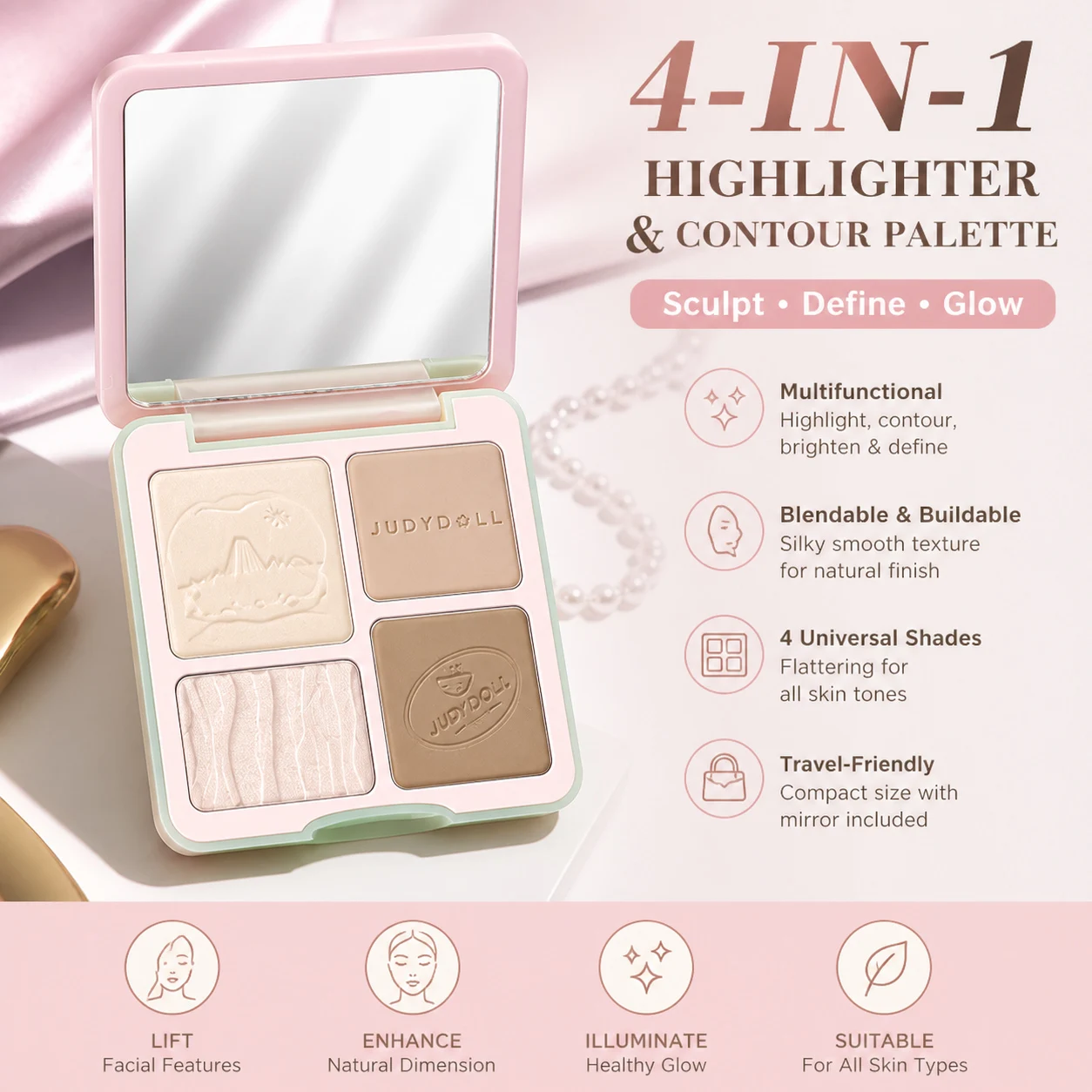 Judydoll Highlighter & Contour Palette Matte Highlight & Natural Shadow,Face Sculpting for Nose,Cheeks Buildable Long-Wear