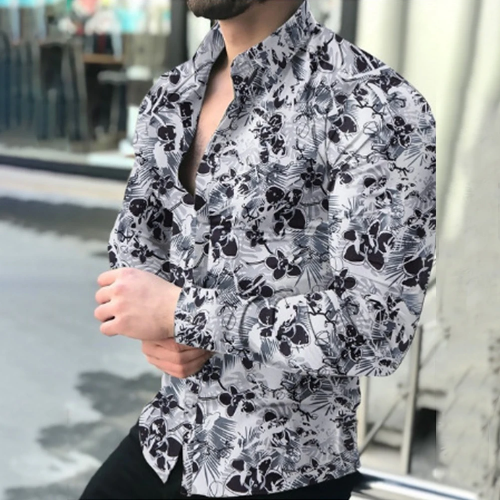 

Blouses Men's Shirt Holiday Muscle Party Up Silky Dress Polyester Tees Casual Hawaiian Lapel All Season Band Collar