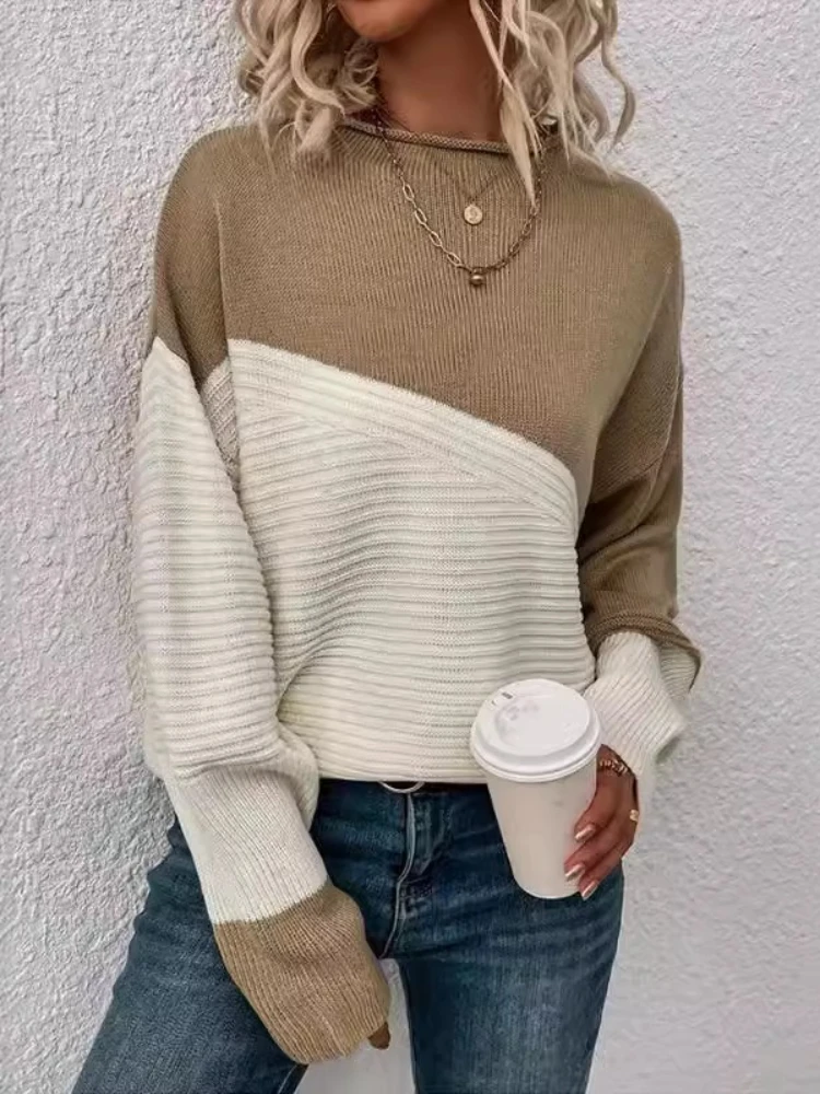 Sweat à capuche tricoté chaud et col rond pour femme, élégant, couleur bloquée, manches longues, pull épais, nouvelle mode hiver 2025