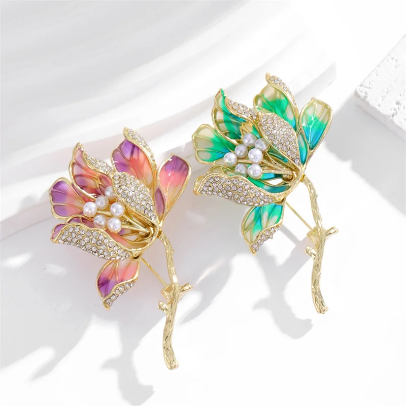 Fashion Rhinestone Pearl Haitang Flower Brooches For Women Clothing Coat Party Acccessries Gifts