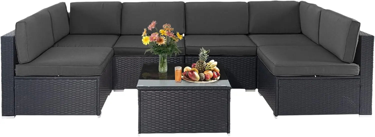 Conjunto de muebles de exterior para Patio, sofá Seccional de mimbre negro para todo tipo de clima, mesa de centro de vidrio moderno y cojín lavable, 7 piezas