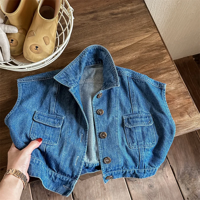 2024 New Spring Girls Denim Vest Fashion Children Sleeveless Coat Solid Baby Boys Denim Jacket Cardigan Kids Clothes