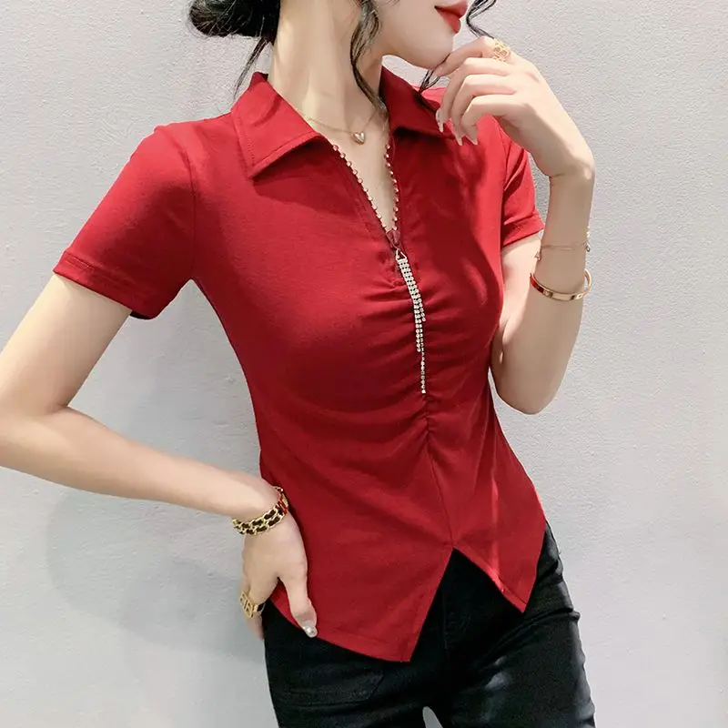 Summer New Design Fashion Korean Temperament Simple Polo Collar Short Sleeve T-shirt Women\'s Zipper Patchwork Folds Slim Fit Top