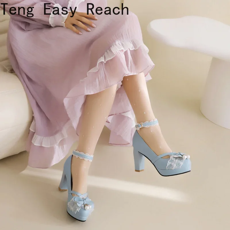 2024 Fashion JK Cute Sweet Lolita Platform Heels Black Pink Blue Bow Pearls Buckle Ankle Strap Pumps Wedding Bride Womens Shoes