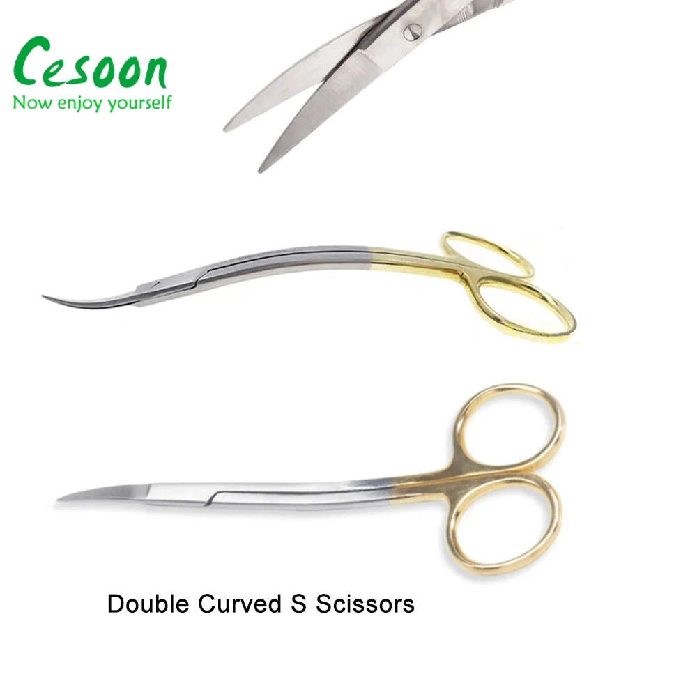 11.5CM Dental Surgical Double Curved S Scissors Gold Plated Handle Stainless Steel Dental Tools for Clinic Lab Instrument