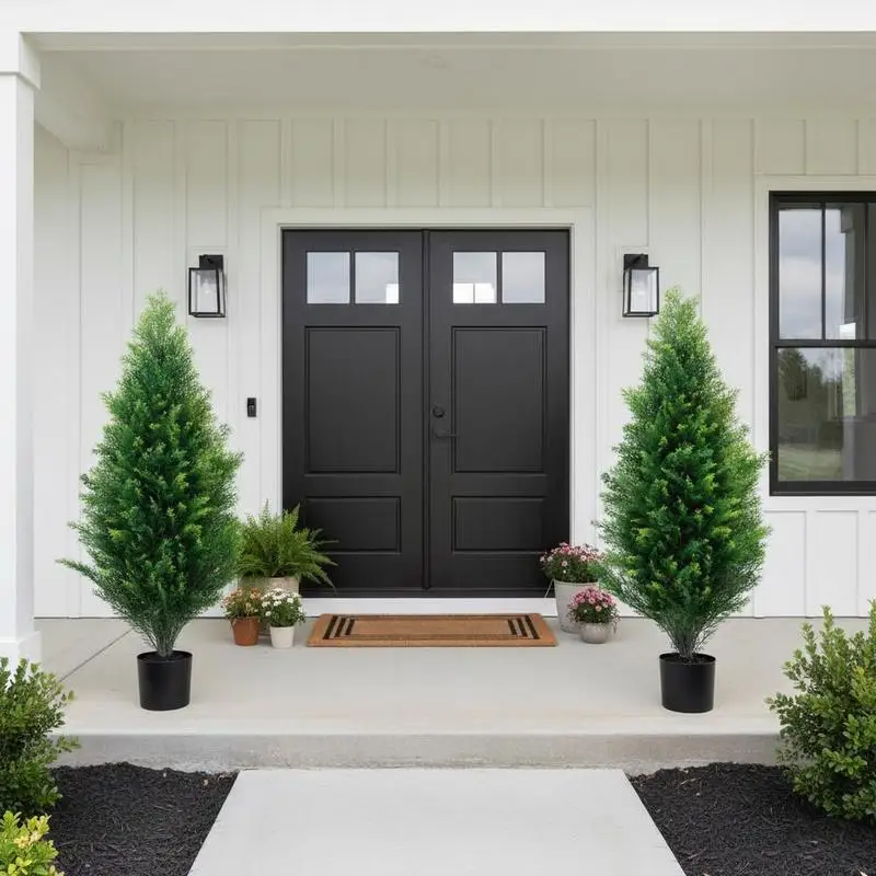 

Free Shipping-2 Pack 36 Inch Faux Thuja Bush For Porch Front Door Garden, Potted Greenery Realistic Foliage Plastic Material Plastic Base Decoration Outdoor Indoor Usage