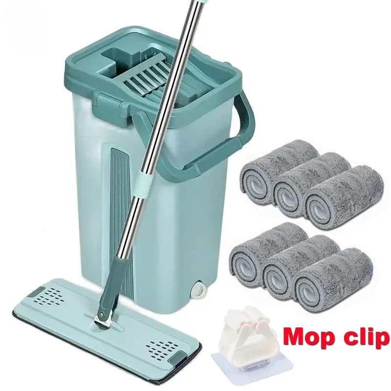 

Flat Squeeze Mop with Bucket Hand Free Wringing Floor Cleaning Mop Microfiber Mop Pads Wet or Dry Usage on Hardwood Laminate