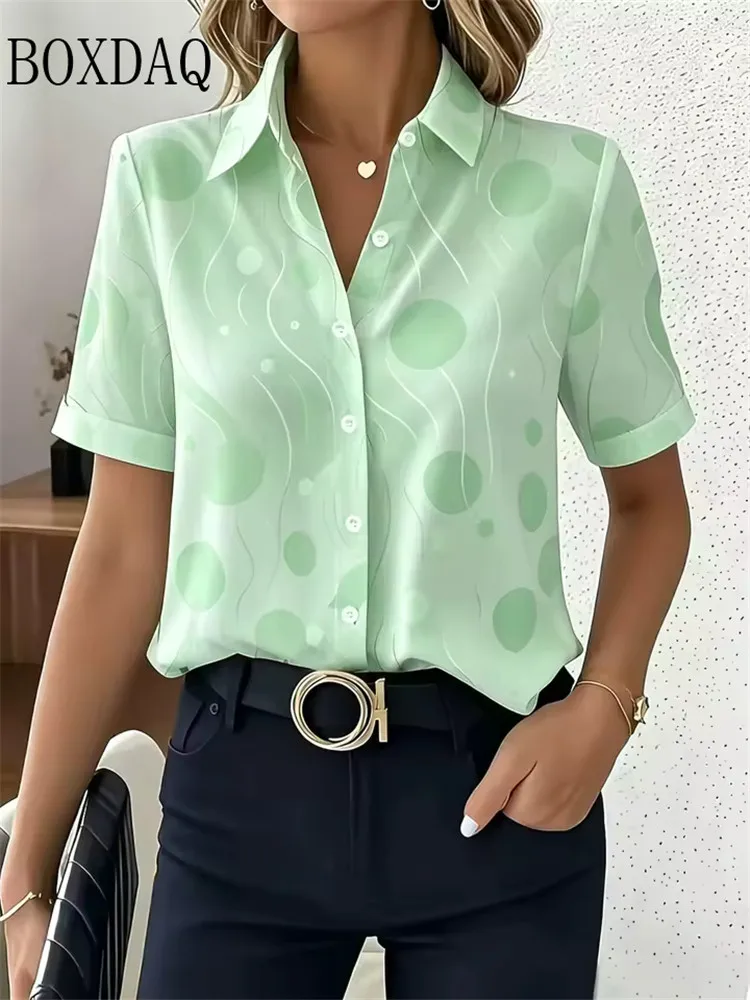 New Summer Women's Blouse Casual Short Sleeved Lapel Polka Dot Printed Loose Shirts