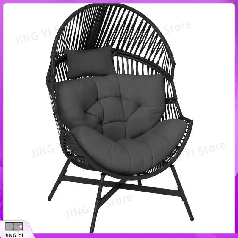 Oversized Egg Chair Outdoor Lounge Chair with Thick Tufted Cushion Headrest Steel Frame for Garden Patio Balcony Indoor Use